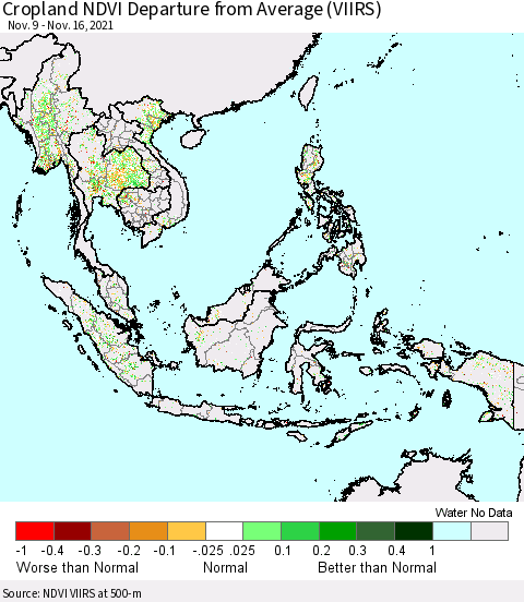 South East Asia Cropland NDVI Departure from Average (VIIRS) Thematic Map For 11/9/2021 - 11/16/2021