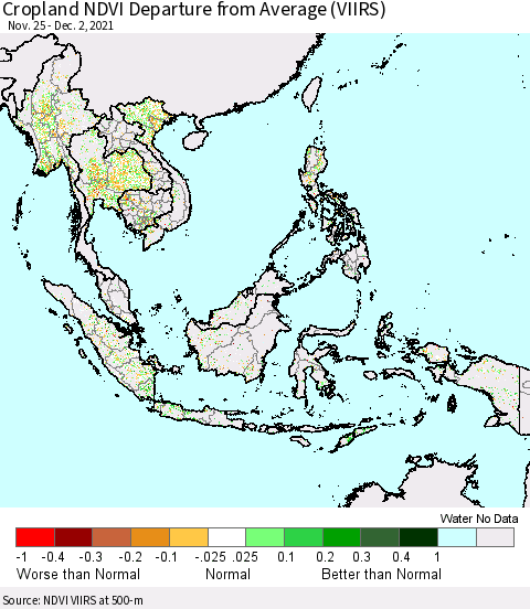 South East Asia Cropland NDVI Departure from Average (VIIRS) Thematic Map For 11/25/2021 - 12/2/2021