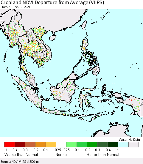 South East Asia Cropland NDVI Departure from Average (VIIRS) Thematic Map For 12/3/2021 - 12/10/2021