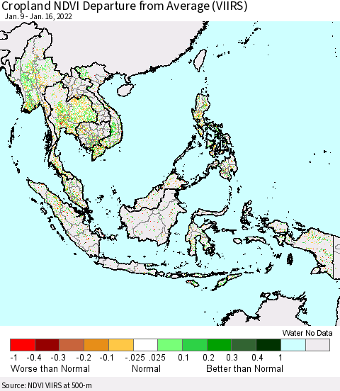 South East Asia Cropland NDVI Departure from Average (VIIRS) Thematic Map For 1/9/2022 - 1/16/2022