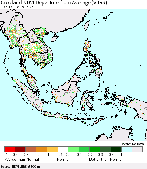 South East Asia Cropland NDVI Departure from Average (VIIRS) Thematic Map For 1/17/2022 - 1/24/2022