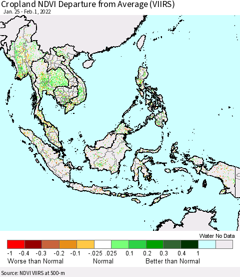 South East Asia Cropland NDVI Departure from Average (VIIRS) Thematic Map For 1/25/2022 - 2/1/2022