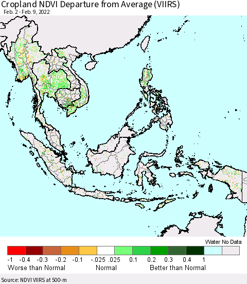 South East Asia Cropland NDVI Departure from Average (VIIRS) Thematic Map For 2/2/2022 - 2/9/2022