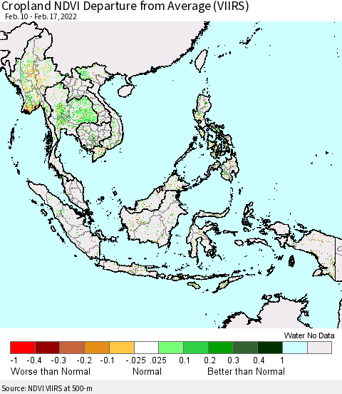 South East Asia Cropland NDVI Departure from Average (VIIRS) Thematic Map For 2/10/2022 - 2/17/2022