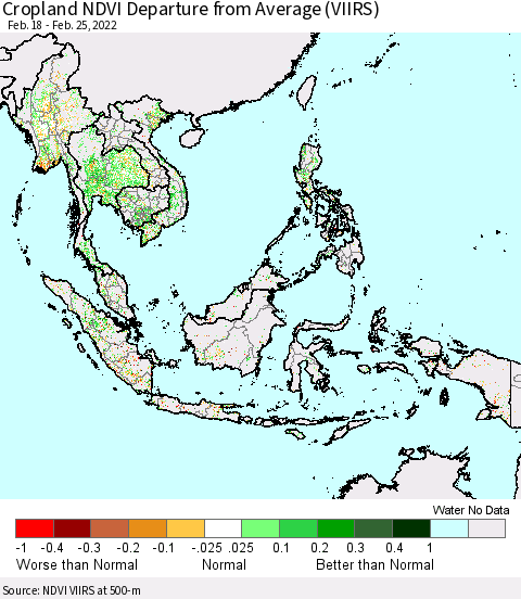 South East Asia Cropland NDVI Departure from Average (VIIRS) Thematic Map For 2/18/2022 - 2/25/2022
