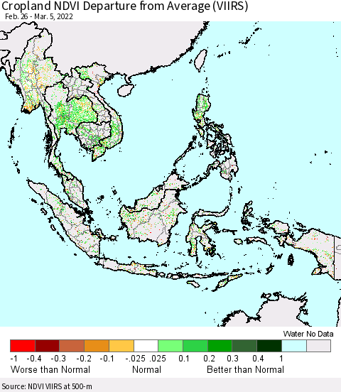 South East Asia Cropland NDVI Departure from Average (VIIRS) Thematic Map For 2/26/2022 - 3/5/2022