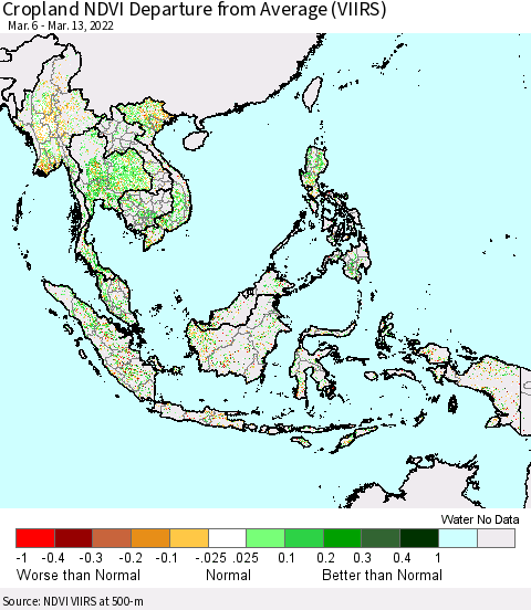 South East Asia Cropland NDVI Departure from Average (VIIRS) Thematic Map For 3/6/2022 - 3/13/2022