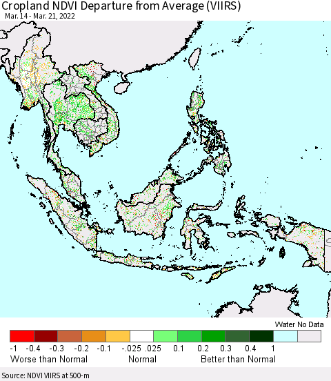 South East Asia Cropland NDVI Departure from Average (VIIRS) Thematic Map For 3/14/2022 - 3/21/2022