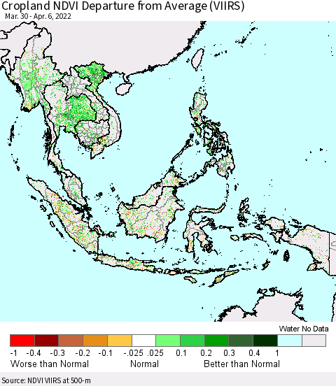South East Asia Cropland NDVI Departure from Average (VIIRS) Thematic Map For 3/30/2022 - 4/6/2022