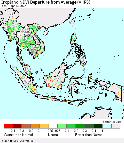 South East Asia Cropland NDVI Departure from Average (VIIRS) Thematic Map For 4/7/2022 - 4/14/2022