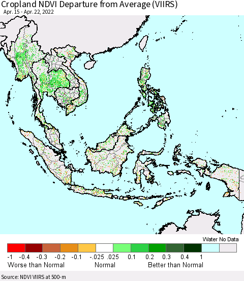 South East Asia Cropland NDVI Departure from Average (VIIRS) Thematic Map For 4/15/2022 - 4/22/2022