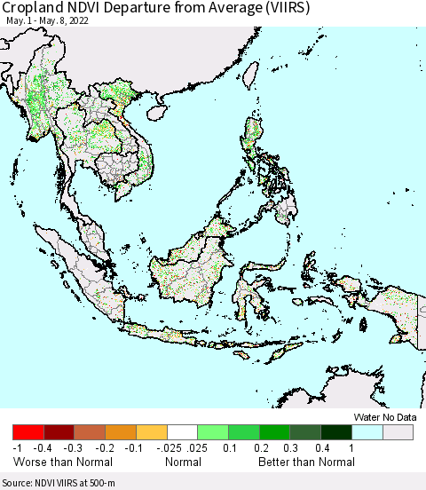 South East Asia Cropland NDVI Departure from Average (VIIRS) Thematic Map For 5/1/2022 - 5/8/2022