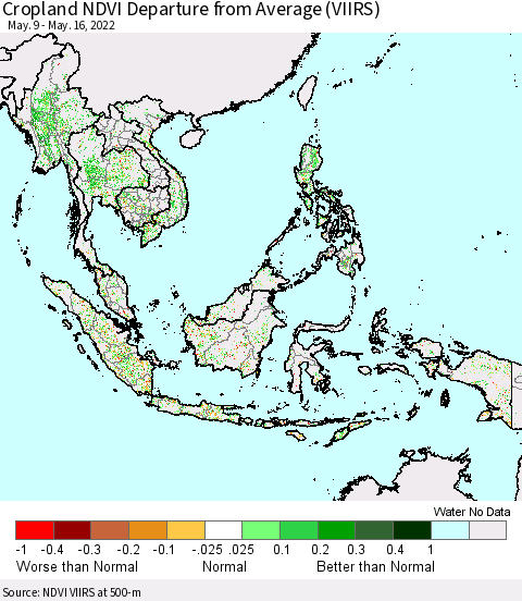 South East Asia Cropland NDVI Departure from Average (VIIRS) Thematic Map For 5/9/2022 - 5/16/2022