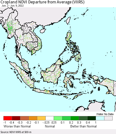 South East Asia Cropland NDVI Departure from Average (VIIRS) Thematic Map For 6/2/2022 - 6/9/2022
