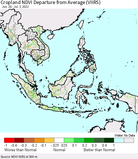 South East Asia Cropland NDVI Departure from Average (VIIRS) Thematic Map For 6/26/2022 - 7/3/2022