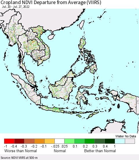 South East Asia Cropland NDVI Departure from Average (VIIRS) Thematic Map For 7/20/2022 - 7/27/2022