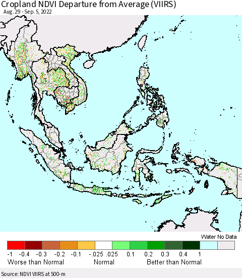 South East Asia Cropland NDVI Departure from Average (VIIRS) Thematic Map For 8/29/2022 - 9/5/2022