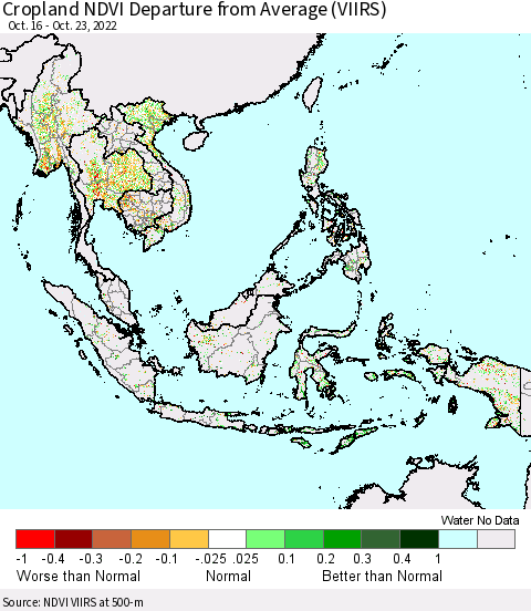 South East Asia Cropland NDVI Departure from Average (VIIRS) Thematic Map For 10/16/2022 - 10/23/2022
