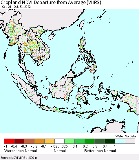 South East Asia Cropland NDVI Departure from Average (VIIRS) Thematic Map For 10/24/2022 - 10/31/2022