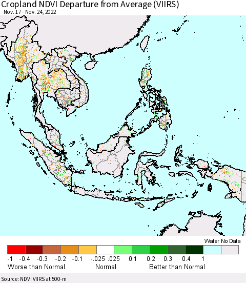 South East Asia Cropland NDVI Departure from Average (VIIRS) Thematic Map For 11/17/2022 - 11/24/2022