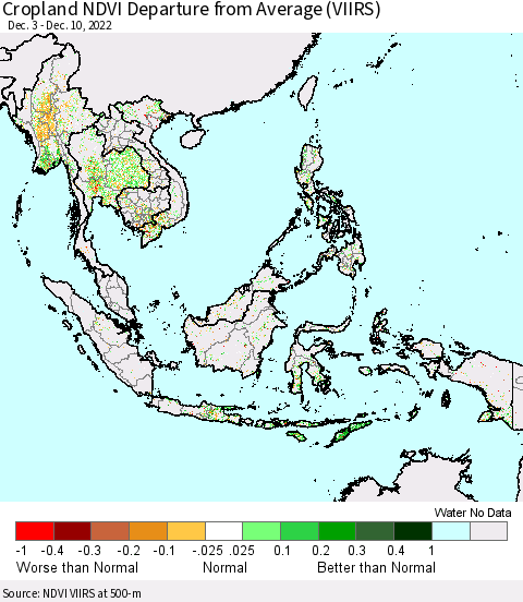 South East Asia Cropland NDVI Departure from Average (VIIRS) Thematic Map For 12/3/2022 - 12/10/2022