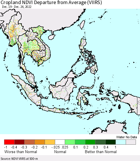 South East Asia Cropland NDVI Departure from Average (VIIRS) Thematic Map For 12/19/2022 - 12/26/2022