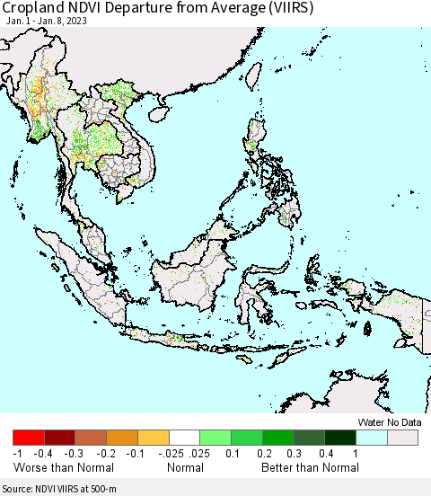 South East Asia Cropland NDVI Departure from Average (VIIRS) Thematic Map For 1/1/2023 - 1/8/2023