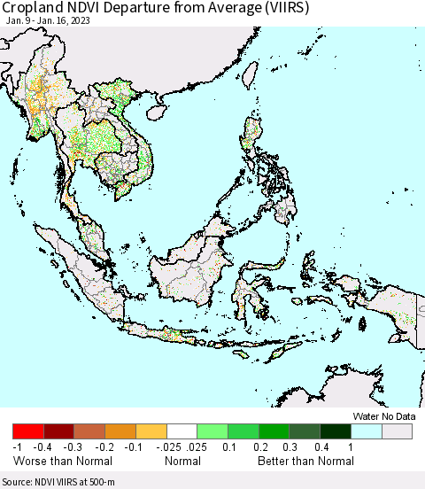 South East Asia Cropland NDVI Departure from Average (VIIRS) Thematic Map For 1/9/2023 - 1/16/2023