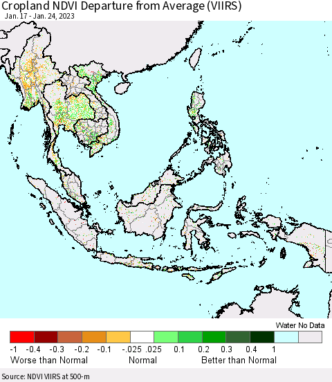 South East Asia Cropland NDVI Departure from Average (VIIRS) Thematic Map For 1/17/2023 - 1/24/2023