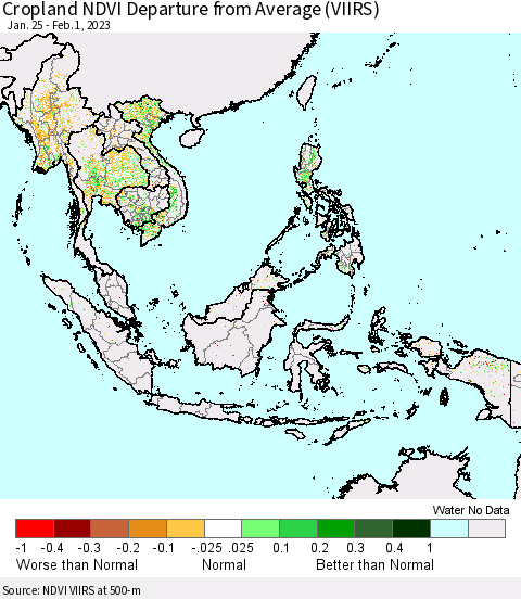 South East Asia Cropland NDVI Departure from Average (VIIRS) Thematic Map For 1/25/2023 - 2/1/2023