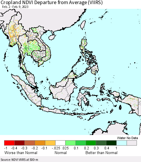 South East Asia Cropland NDVI Departure from Average (VIIRS) Thematic Map For 2/2/2023 - 2/9/2023