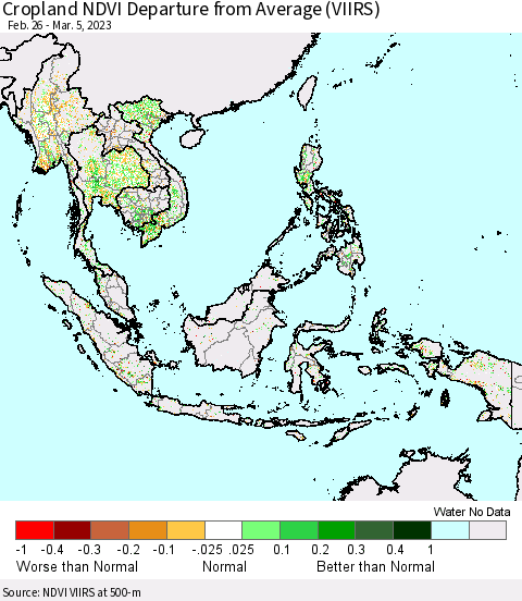 South East Asia Cropland NDVI Departure from Average (VIIRS) Thematic Map For 2/26/2023 - 3/5/2023