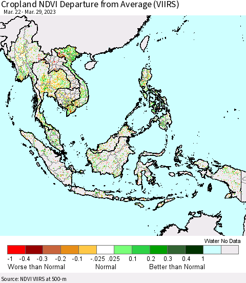 South East Asia Cropland NDVI Departure from Average (VIIRS) Thematic Map For 3/22/2023 - 3/29/2023