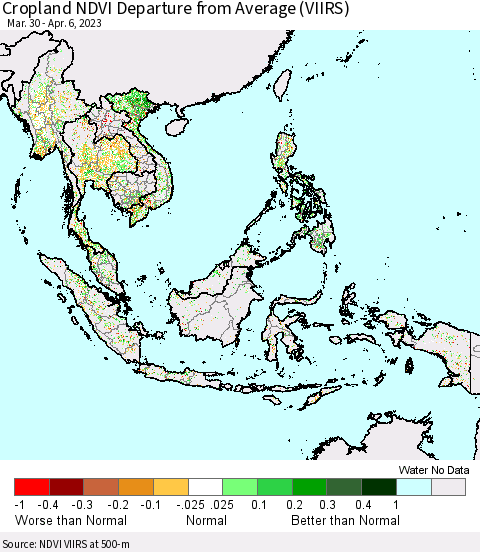 South East Asia Cropland NDVI Departure from Average (VIIRS) Thematic Map For 3/30/2023 - 4/6/2023