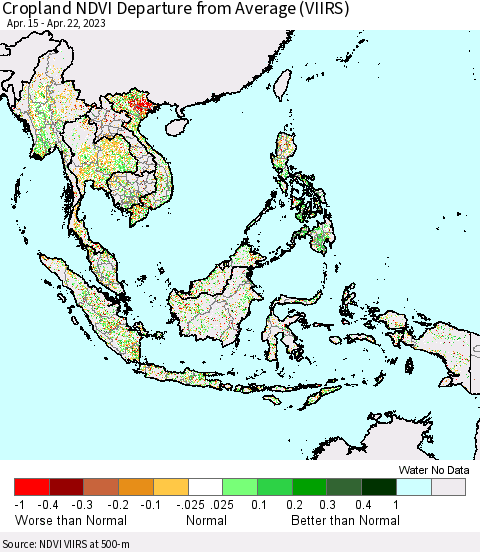 South East Asia Cropland NDVI Departure from Average (VIIRS) Thematic Map For 4/15/2023 - 4/22/2023