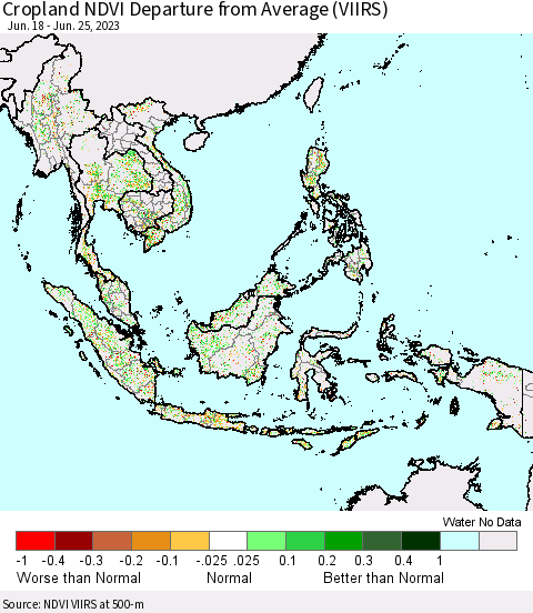 South East Asia Cropland NDVI Departure from Average (VIIRS) Thematic Map For 6/18/2023 - 6/25/2023