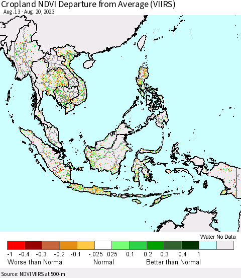 South East Asia Cropland NDVI Departure from Average (VIIRS) Thematic Map For 8/13/2023 - 8/20/2023