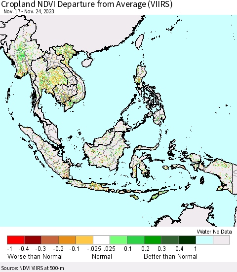 South East Asia Cropland NDVI Departure from Average (VIIRS) Thematic Map For 11/17/2023 - 11/24/2023