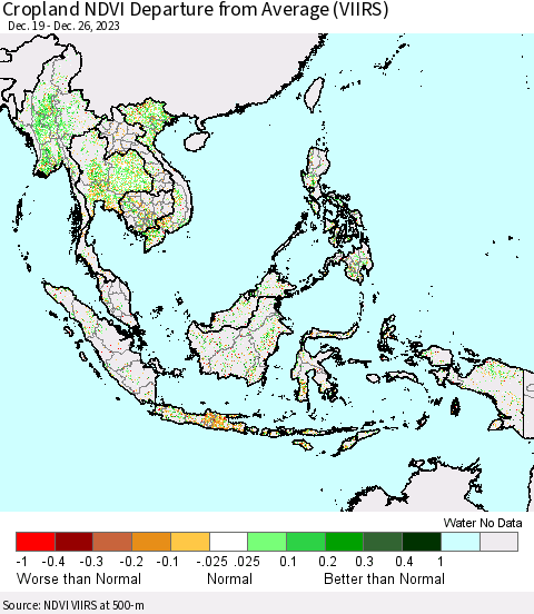 South East Asia Cropland NDVI Departure from Average (VIIRS) Thematic Map For 12/19/2023 - 12/26/2023