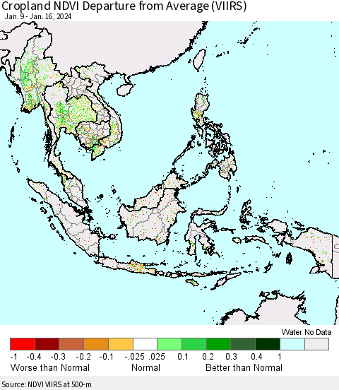 South East Asia Cropland NDVI Departure from Average (VIIRS) Thematic Map For 1/9/2024 - 1/16/2024