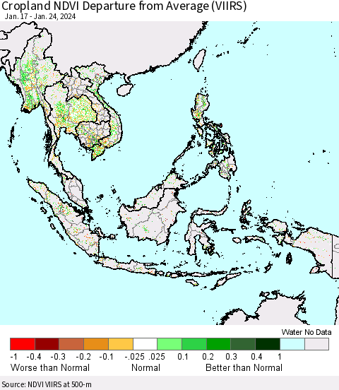 South East Asia Cropland NDVI Departure from Average (VIIRS) Thematic Map For 1/17/2024 - 1/24/2024