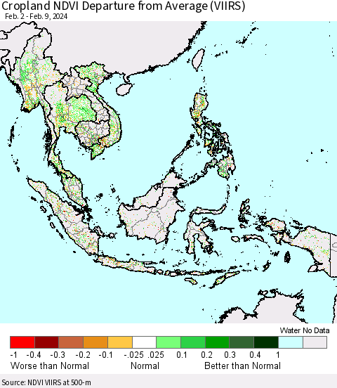 South East Asia Cropland NDVI Departure from Average (VIIRS) Thematic Map For 2/2/2024 - 2/9/2024
