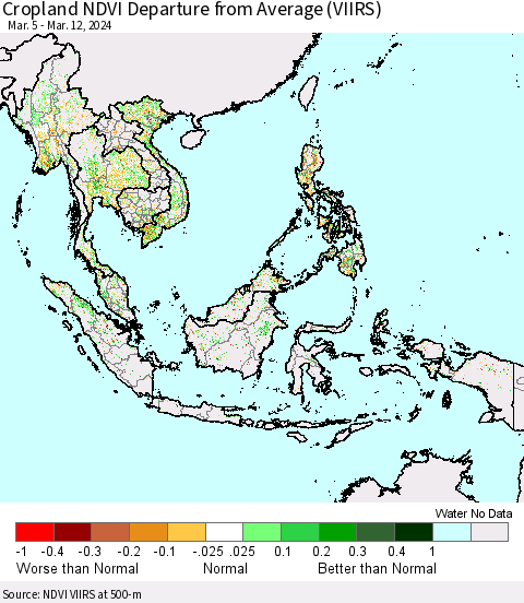 South East Asia Cropland NDVI Departure from Average (VIIRS) Thematic Map For 3/5/2024 - 3/12/2024