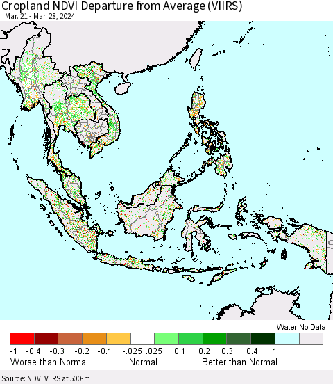 South East Asia Cropland NDVI Departure from Average (VIIRS) Thematic Map For 3/21/2024 - 3/28/2024