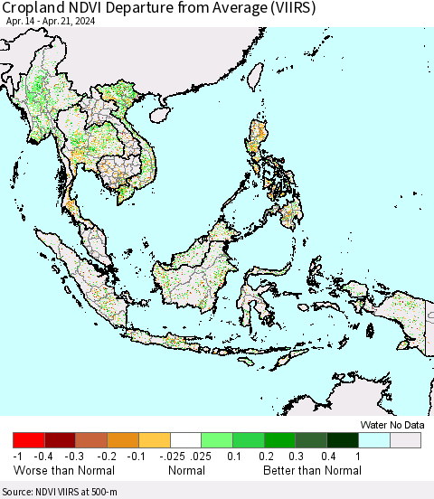 South East Asia Cropland NDVI Departure from Average (VIIRS) Thematic Map For 4/14/2024 - 4/21/2024