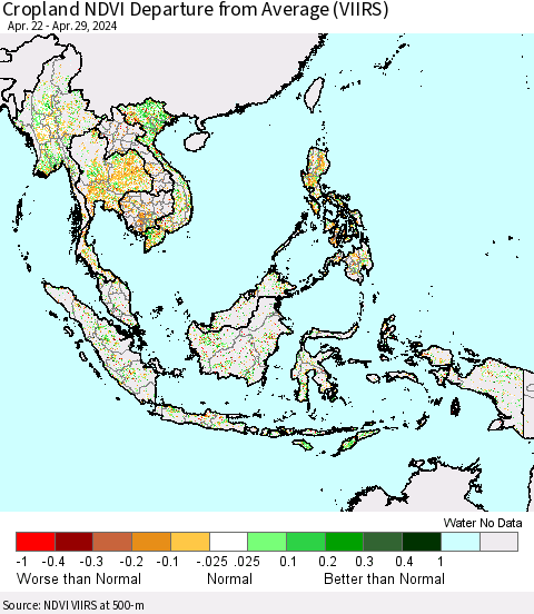 South East Asia Cropland NDVI Departure from Average (VIIRS) Thematic Map For 4/22/2024 - 4/29/2024