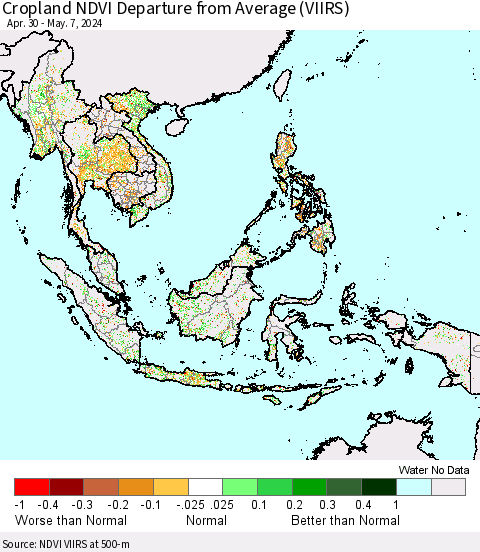 South East Asia Cropland NDVI Departure from Average (VIIRS) Thematic Map For 4/30/2024 - 5/7/2024