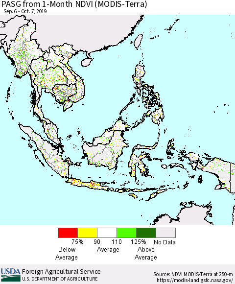 South East Asia PASG from 1-Month NDVI (Terra-MODIS) Thematic Map For 10/1/2019 - 10/10/2019