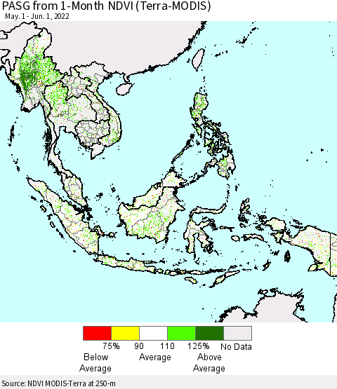 South East Asia PASG from 1-Month NDVI (Terra-MODIS) Thematic Map For 5/25/2022 - 6/1/2022