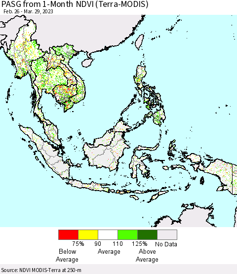 South East Asia PASG from 1-Month NDVI (Terra-MODIS) Thematic Map For 3/22/2023 - 3/29/2023